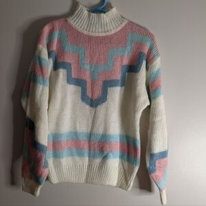 Vintage 80s Mock Neck Knit Pastel Sweater Medium